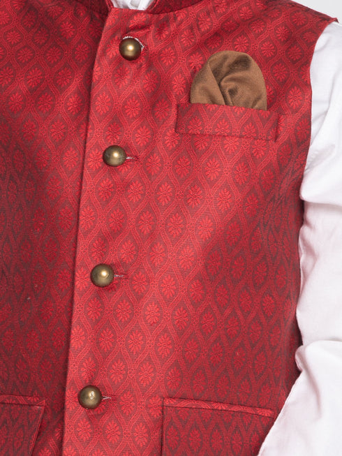 Boy's Maroon Woven Jacket With White Kurta And Pyjama Set